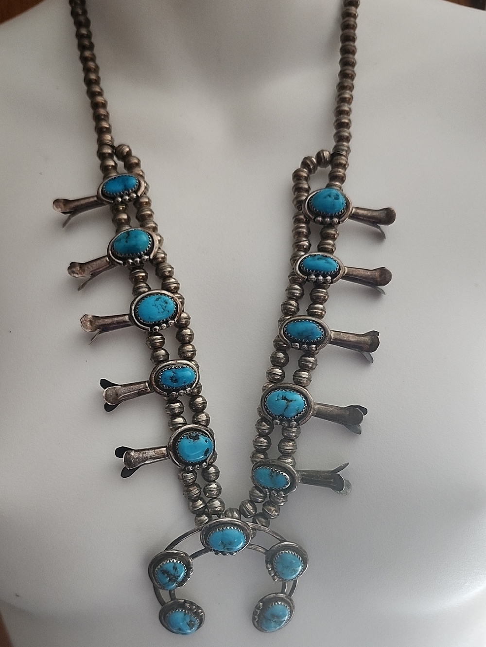Vtg Native American Signed Sterling Silver Turquoise Squash Blossom Necklace